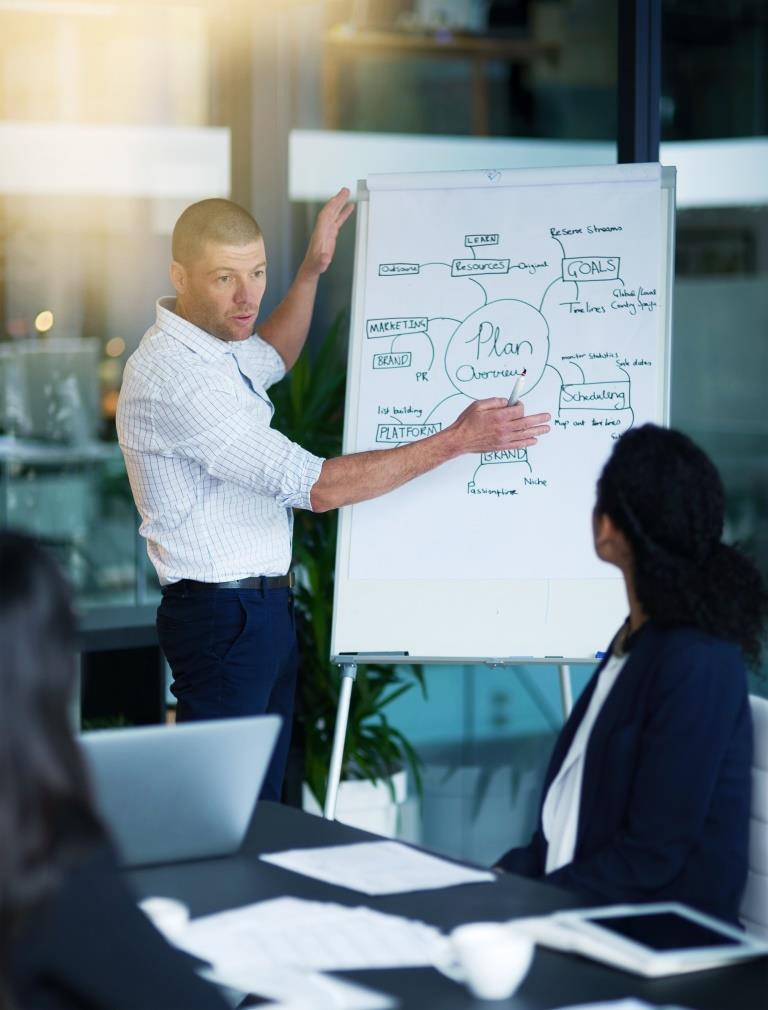 Office, businessman and presentation on whiteboard for marketing plan, hr management and vision for business brand. Workplace, colleagues and sales trainer with corporate training with coworkers